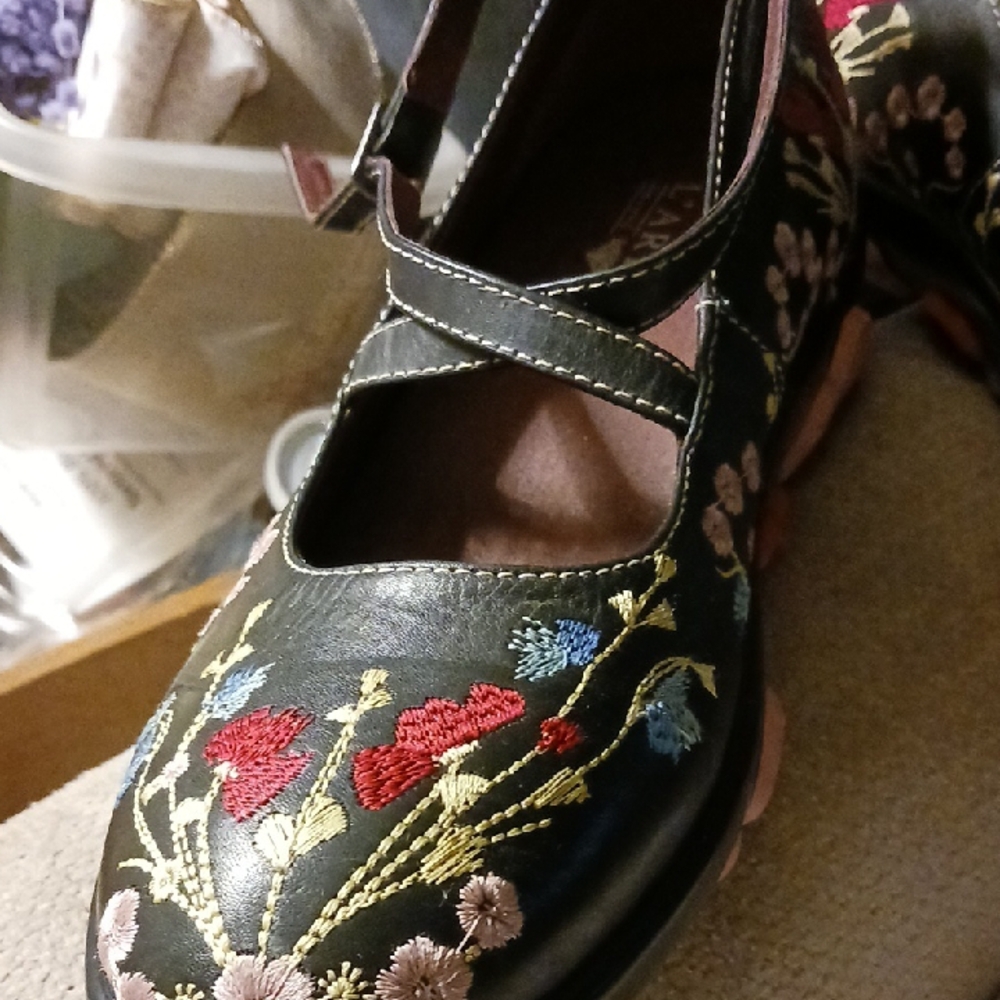 Spring Step Black and Red Floral Embroidered Flats